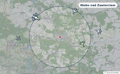 Mapa okolic miasta z sylwetkami samolotów — Niebo nad Zawierciem